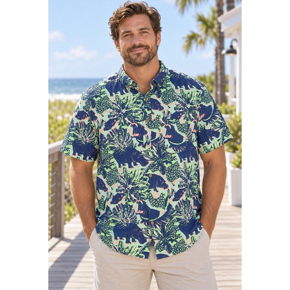 Chubbies The Weekend Mens XXL Tropical Hippo Hawaiian Button Up Shirt Colorful